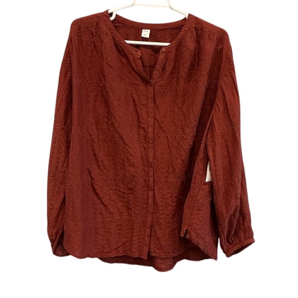 Old Navy Womens Button Up Peasant Top Size L Burnt Red Fall Boho Embroidered NEW